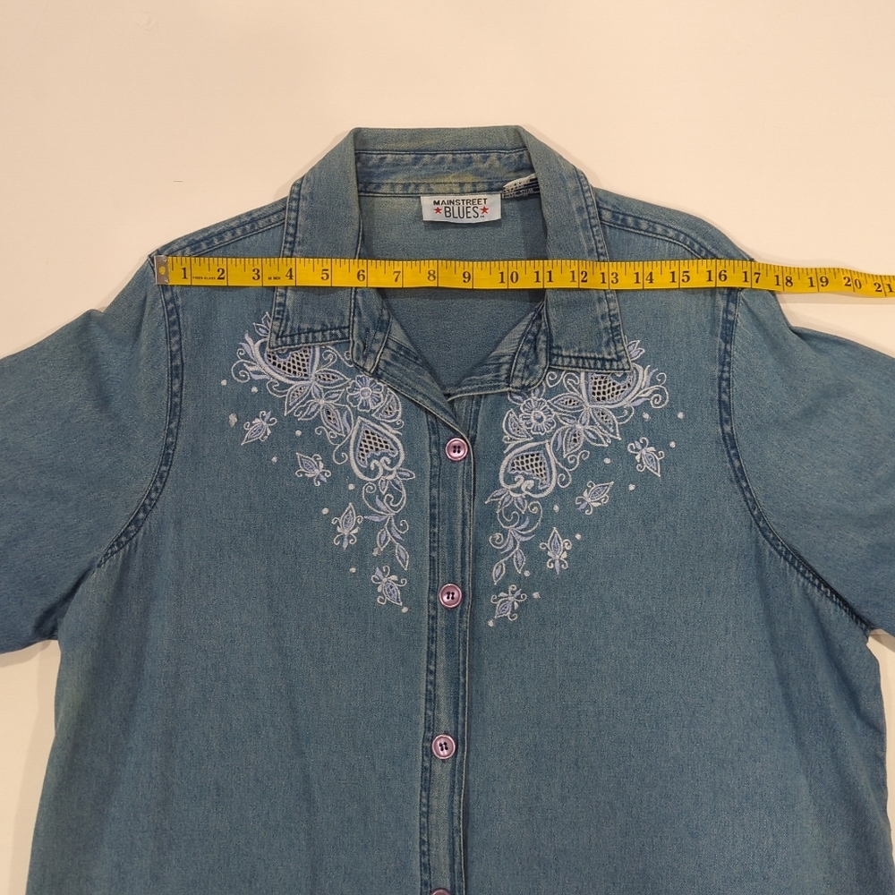 Main Street Blues Blue Denim Shortsleeve Button-Up Shirt Embroidered Women's 20W - Picture 11 of 15